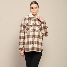 Madame - Women Checks Button Up Brown Shacket