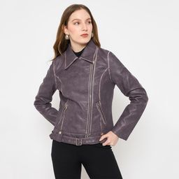 Madame - Womens Belt Detailed Purple Leather Jacket