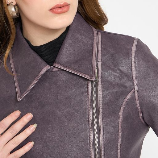 Madame Womens Belt Detailed Purple Leather Jacket