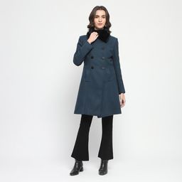 Madame - Womens Faux Fur Collar Double Breasted Teal Long Coat