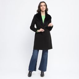 Madame - Womens Collared Faux Fur Applique Belted Black Long Coat (Set of 2)