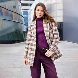 Madame - Womens Plaid Welt Pocket Beige Short Coat