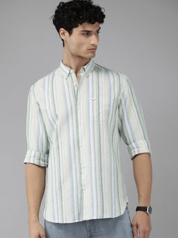 The Bear House - Men Beige & Green Vertical Striped Slim Fit Cotton Linen Casual Shirt