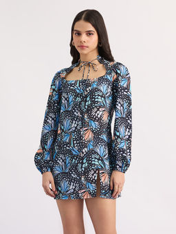 MIXT by Nykaa Fashion - Black And Blue Floral Bishop Sleeves Mini Dress