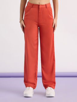 MIXT by Nykaa Fashion - Orange Solid High Waist Straight Fit Trousers