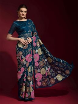 Odette - Blue Embroidered Banglori Silk Saree with Unstitched Blouse