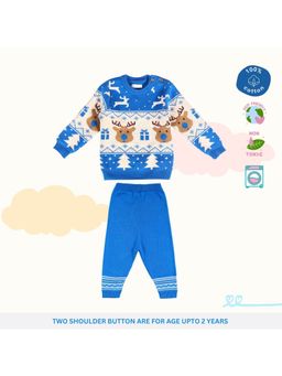 Kids of Greendeer - Greek Blue Jaunty Reindeer Jacquard Sweater with Joggers (Set of 2)