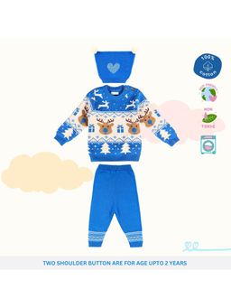 Kids of Greendeer - Greek Blue Jaunty Reindeer Jacquard Sweater with Joggers & Cap (Set of 3)