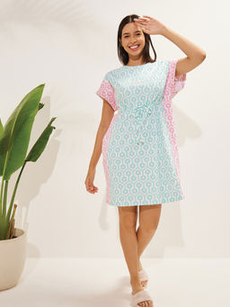 Sweet Dreams - Women Blue Printed Half Sleeves Night Dress