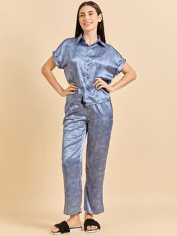 Sweet Dreams - Women Blue Printed Shirt And Pajama (Set of 2)