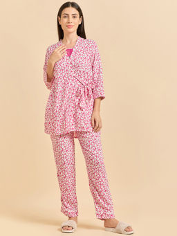 Sweet Dreams - Women Pink Printed Slip Robe With Pajama (Set of 3)