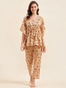 Sweet Dreams - Women Brown Printed Kaftan And Pajama (Set of 2)