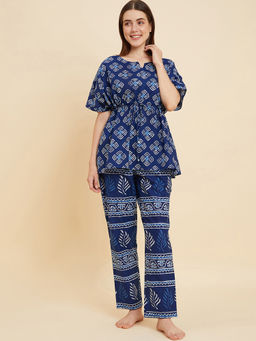 Sweet Dreams - Women Blue Printed Kaftan And Pajama (Set of 2)