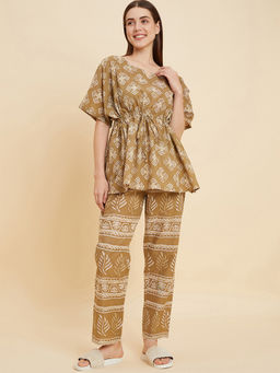 Sweet Dreams - Women Brown Printed Kaftan And Pajama (Set of 2)