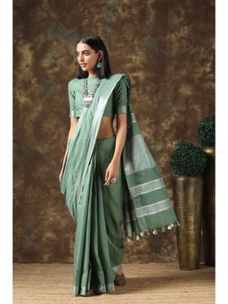 Swtantra - Opulent Olive Linen Saree With Silver Border And Unstitched Blouse