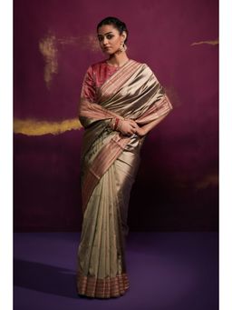 Dressfolk - Antique Gold Color Silk Satin Saree with Contrast Maroon Border without Blouse