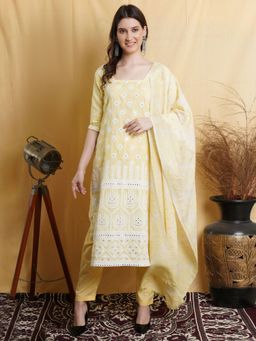 Stylee LIFESTYLE - Yellow Cotton Embroidered Dress Material (Set of 3)