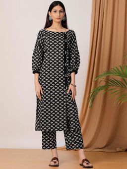 Empress Pitara - Black Block Print On Print Kurta With Pant (Set of 2)