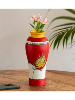 ExclusiveLane - Leafy Warli Tales Hand Painted Terracotta Vase Red