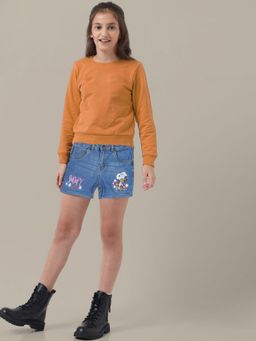Kidsville - Peanuts Embroidered Regular Fit Blue Denim Girls Shorts