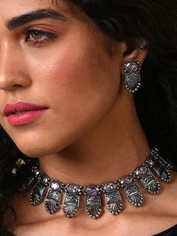 Sohi - Women Silver Oxidised Choker With Earrings