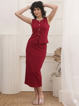JAKANARY - Solid Round Neck Top with Skirt Co-Ord Set