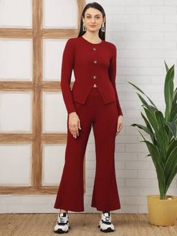 JAKANARY - Women Solid round neck button detail Co Ord Set