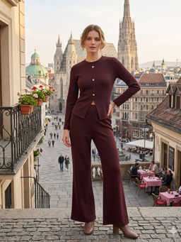 JAKANARY - Women Solid round neck button detail Co Ord Set