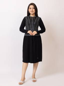 LASOON - Black Knit Blended Yarn Dress Featuring Sparkling Net Mock Jacket