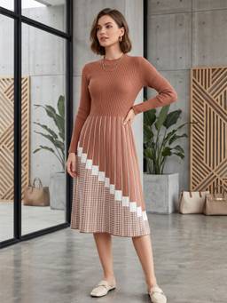 LASOON - Women's Knit Midi Dress with Long Sleeves Premium Fashion