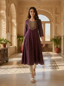 Rangita - Wine Poly Viscose Embroidered Anarkali Calf Length Kurta