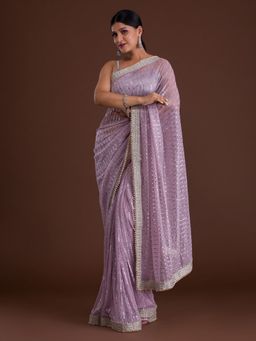 Koskii - Lavender Sequin Net Saree With Unstitched Blouse