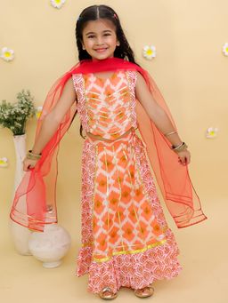 Junitos - Orange Cotton Gota Floral Lehenga, Choli & Dupatta