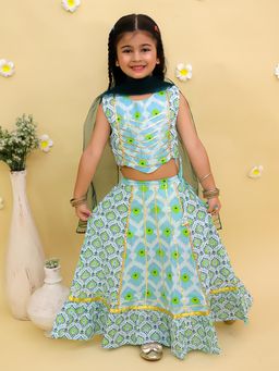 Junitos - Sea Green Cotton Gota Floral Lehenga, Choli & Dupatta