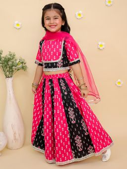 Junitos - Pink Cotton Floral Kali Lehenga, Choli & Dupatta
