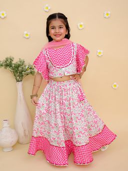 Junitos - Pink Cotton Frill Sleeve Floral Lehenga, Choli & Dupatta