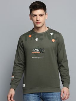 SHOWOFF - Mens Round Neck Printed Olive Pullover Sweatshirt