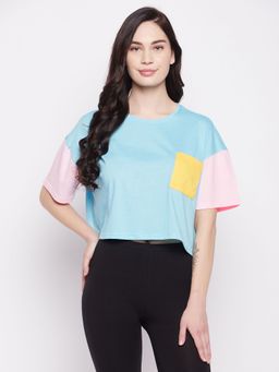 Clovia - Colourblocked Cropped T-Shirt In Light Blue - 100 Percent Cotton