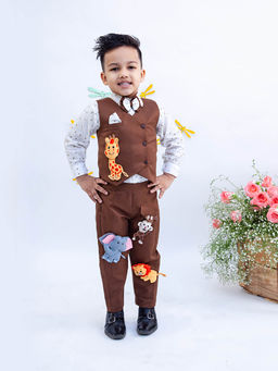 Fayon Kids - White Shirt & Brown Waist Coat and Pant with Animals motifs (Set of 3)