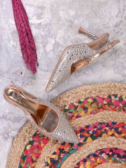 Jove - Women Champgne Embellished Mules Heels