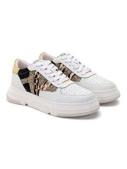 Whitesta - Pu Coated White Leather And Gold Studd Women Sneaker