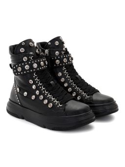 Whitesta - Black Pu Coated Leather And Glass Studd Women Boots