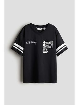 H&M - Girls Black Oversized Print-Motif T-Shirt