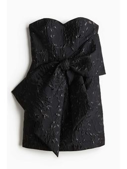 H&M - Women Black Jacquard-Weave Bow-Front Dress