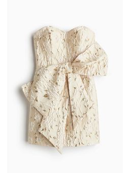 H&M - Women Beige Jacquard-Weave Bow-Front Dress