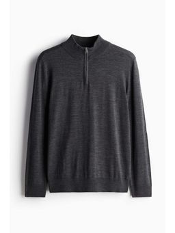 H&M - Men Grey Slim Fit Zip-Top Merino Wool Jumper
