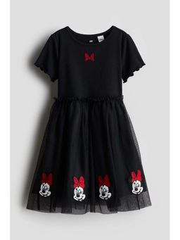 H&M - Girls Black Tulle-Skirt Printed Dress