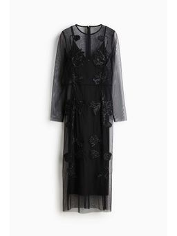 H&M - Women Black Sequin-Embroidered Mesh Dress