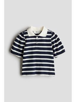 H&M - Girls Navy Blue Puff-Sleeve Polo T-Shirt
