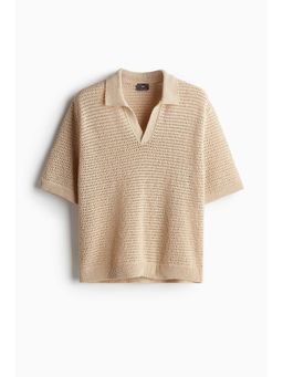 H&M - Men Beige Loose Fit Hole-Knit Polo T-Shirt